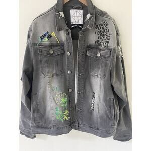 Create 2MRW Mens 2XL Faded Black Denim Destroyed Distressed Streetwear Jacket